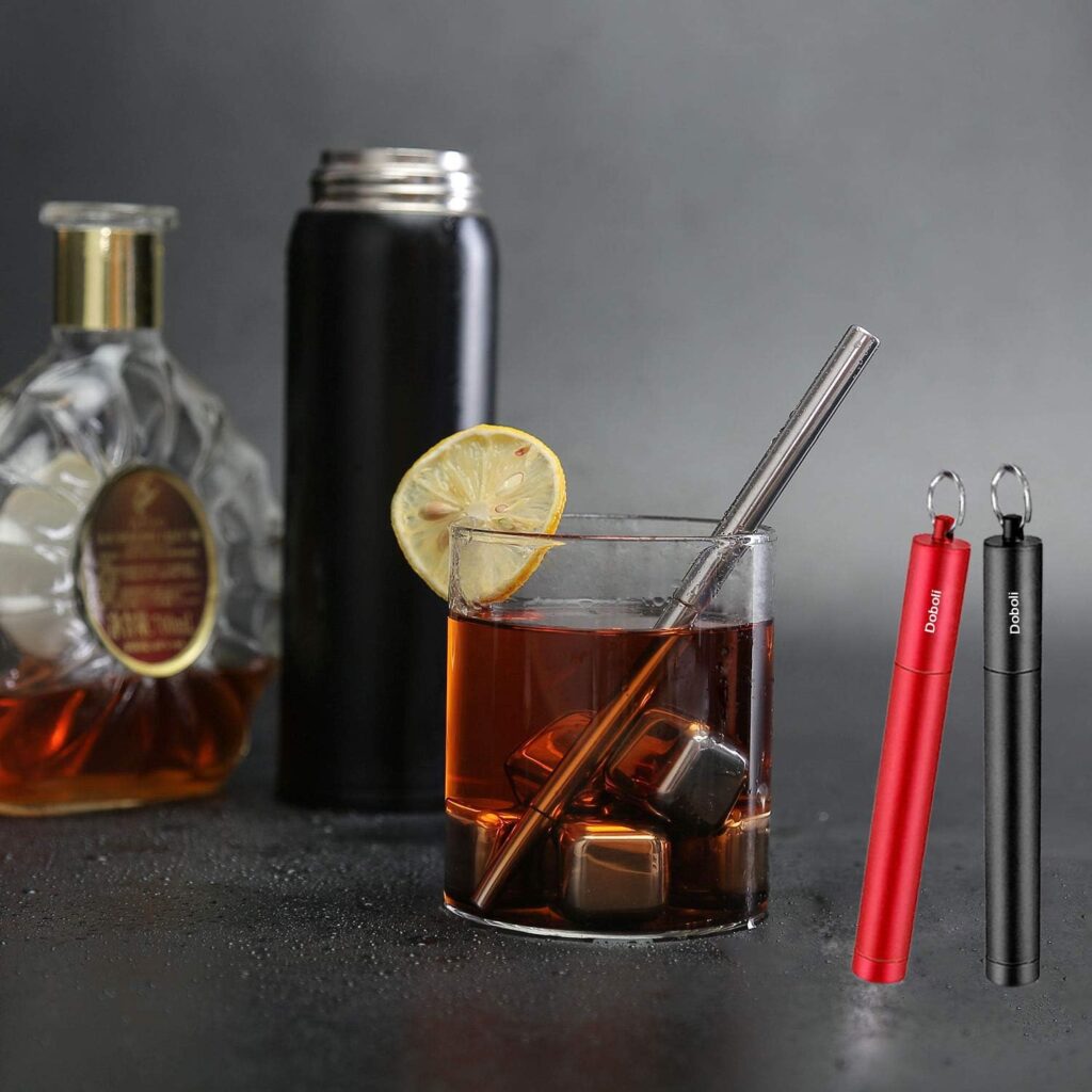 2 Pack Reusable Straws,Collapsible Metal Straws Reusable,Stainless Steel Drinking Straw,Travel Portable Telescopic Straw with Case for Cruise Ship Essentials Black/Rose Gold