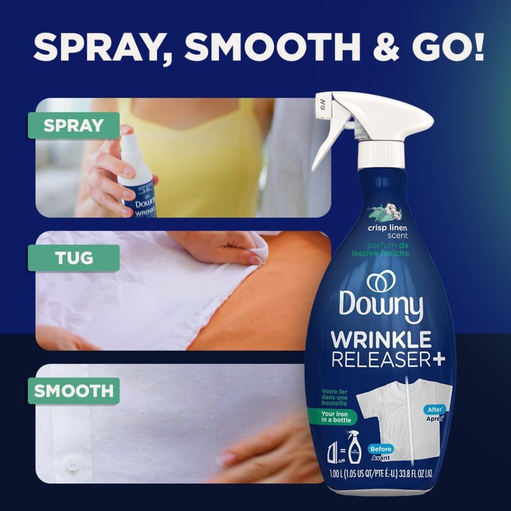 Downy Wrinkle Releaser Spray All In One Wrinkle Release Spray Travel Size, Odor Eliminator, Static Remover Fabric Refresher  Ironing Aid for Clothes 3 Fl Oz (Pack of 2), Crisp Linen Scent