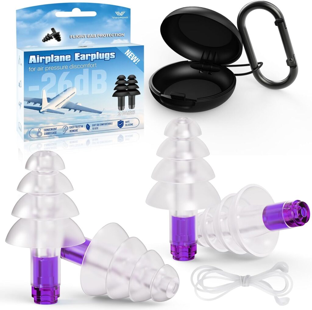 Ear Plugs for Airplane Pressure Relief, 2 Pairs Adults Soft Silicone Reusable Airplane Earplugs 26dB, with Silicone Connector Cord, Travel Essentials for Flying, Ear Protection Earplugs for Plane
