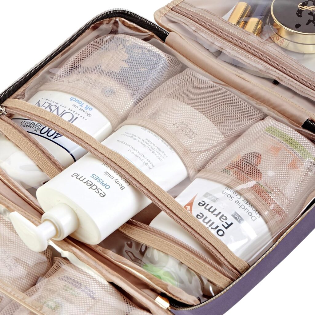 NISHEL Travel Toiletry Bag for women, Portable Hanging Organizer for Full-Sized Shampoo, Conditioner, Brushes Set, Makeup Accessories, Large Size, Aegean-Blue