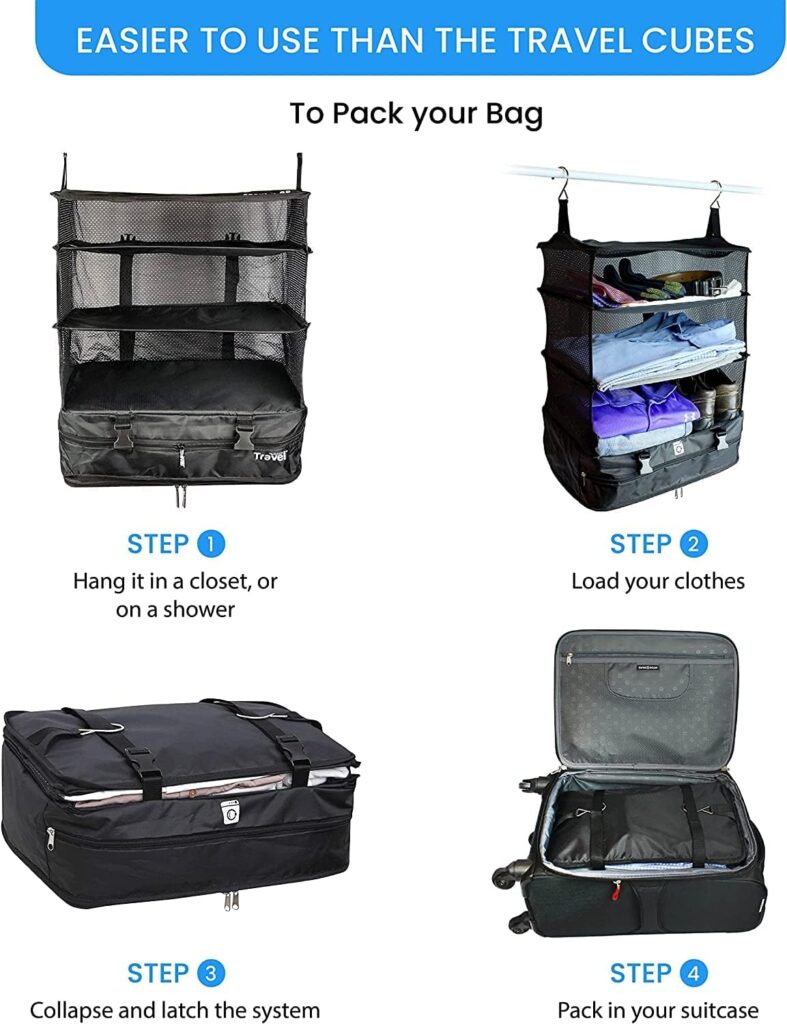 Stow-N-Go Portable Hanging Travel Shelves, Packing Organizer for Luggage. Carry on Closet for Clothes. Expandable Packing Cube. Travel Essentials. (Black - XL, XL = (L) 17.7 x (W) 11.8)
