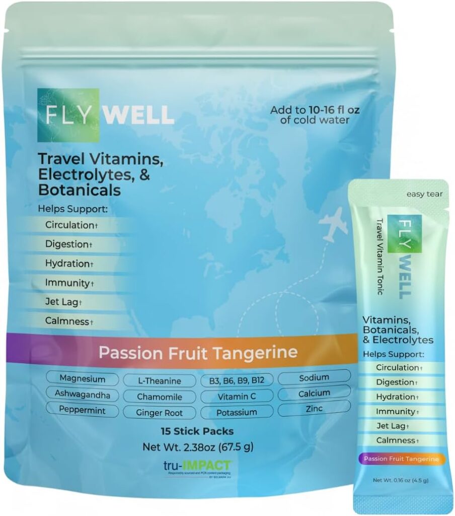 Travel Vitamin Tonic for Flight, Jet Lag, Hydration, Circulation, Digestion  Immune Support, Promotes Calmness, Electrolyte Powder, Travel Essentials, Passion Fruit Tangerine, 15 Sticks