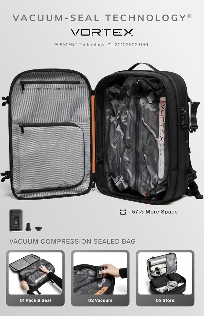Vacuum Seal Compression Travel Backpack 60L Expandable Airback Electric Vacpack Pump Water Resistant TSA Lock (AERO - Black, 25L-60L (With Air Pump))