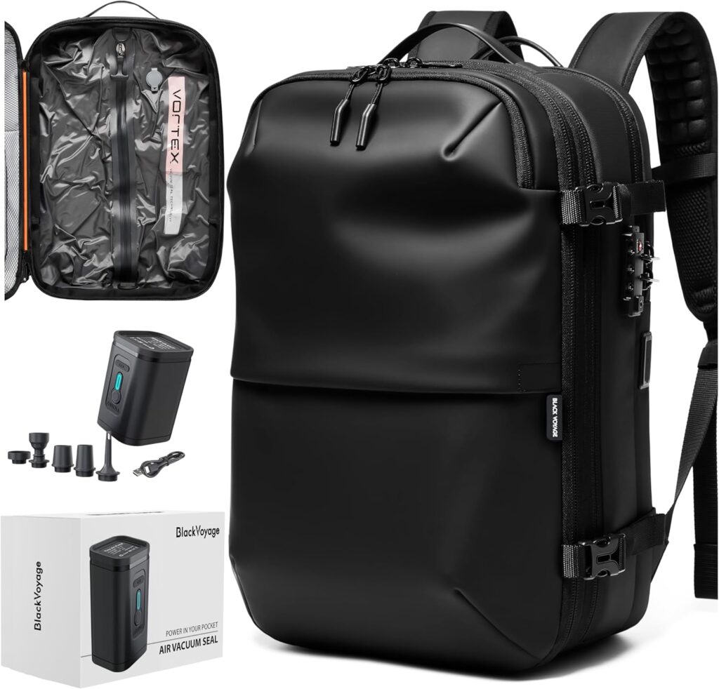 Vacuum Seal Compression Travel Backpack 60L Expandable Airback Electric Vacpack Pump Water Resistant TSA Lock (AERO - Black, 25L-60L (With Air Pump))