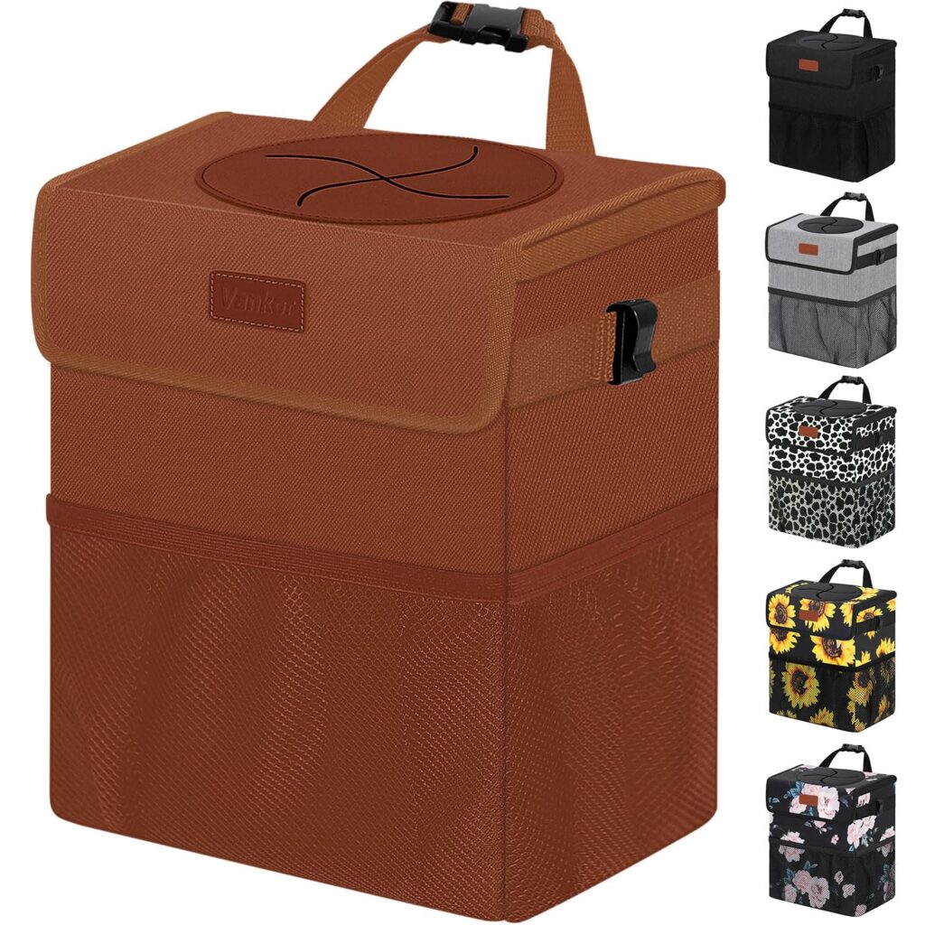 Car Trash Can Bin with Lid Hanging for Back Seat, Car Accessories for Women Men Leak Proof Automotive Garbage Cans Leakproof Vehicle Trash Can for Truck SUV Black