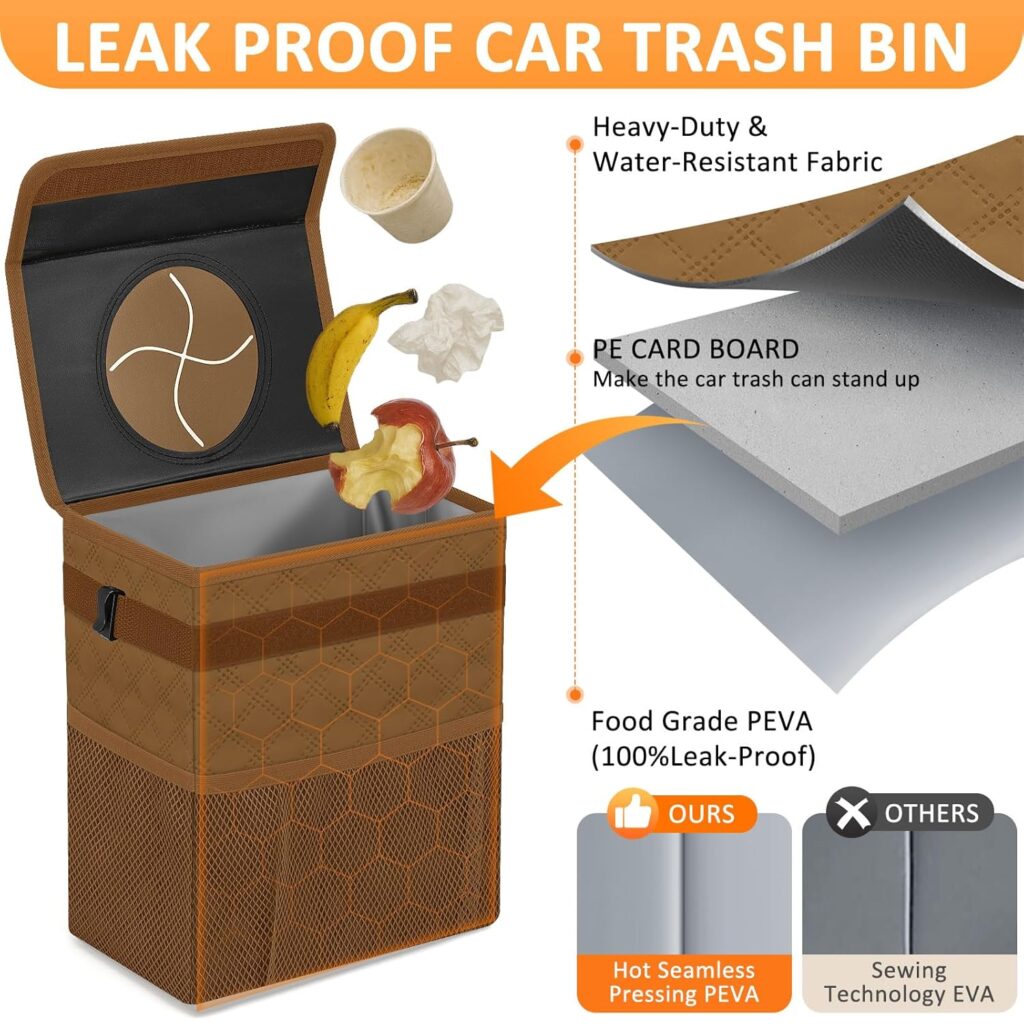 Car Trash Can Bin with Lid Hanging for Back Seat, Car Accessories for Women Men Leak Proof Automotive Garbage Cans Leakproof Vehicle Trash Can for Truck SUV Black