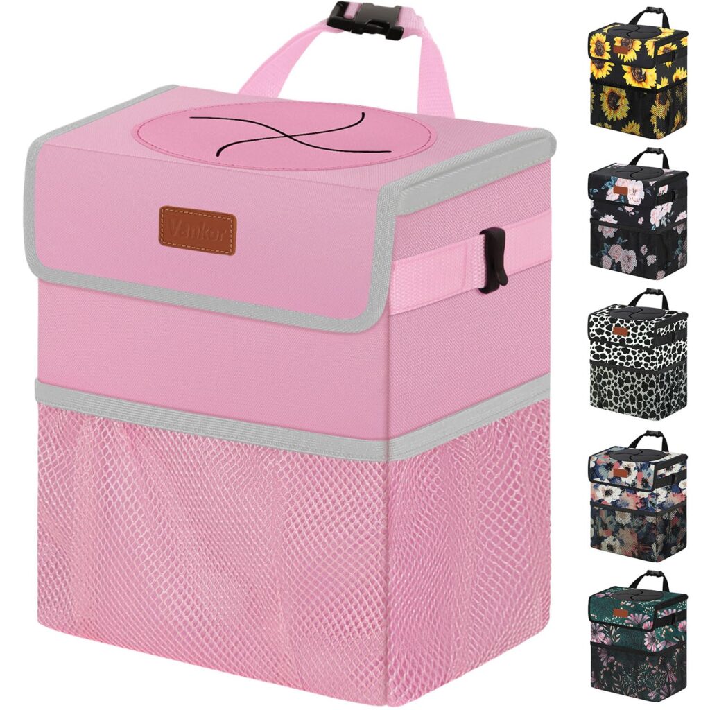 Car Trash Can Bin with Lid Hanging for Back Seat, Car Accessories for Women Men Leak Proof Automotive Garbage Cans Leakproof Vehicle Trash Can for Truck SUV Black