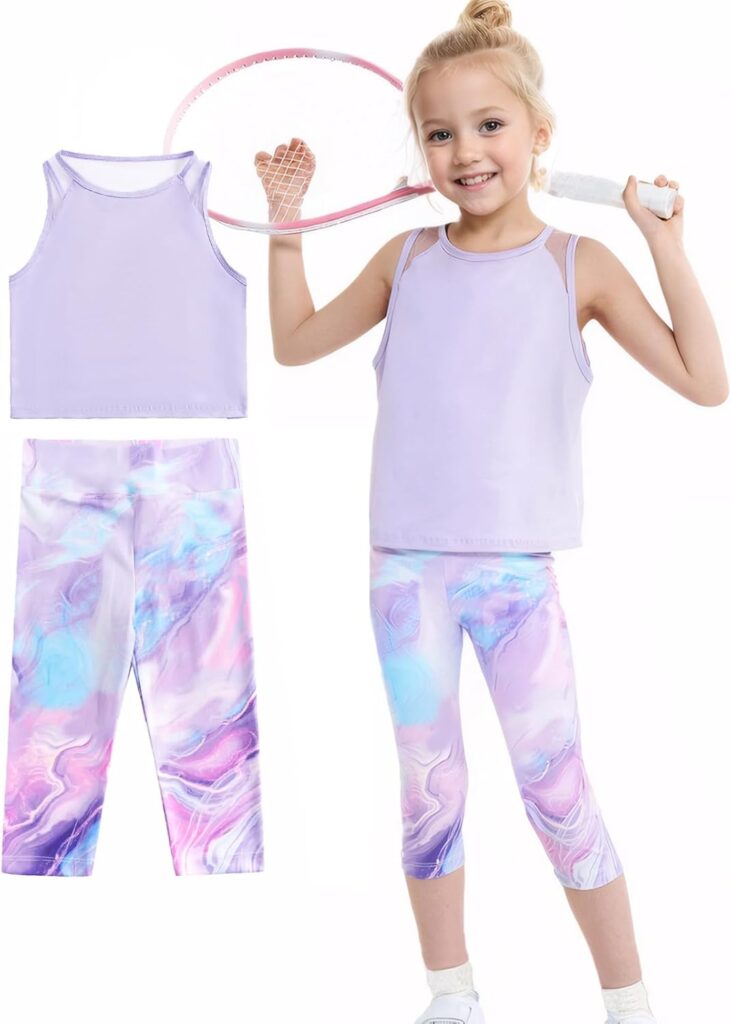 Gogokids Girls Activewear Workout Set, 2 Piece Athletic Sets Sleeveless Tank Tops and Capri Leggings Yoga Pants