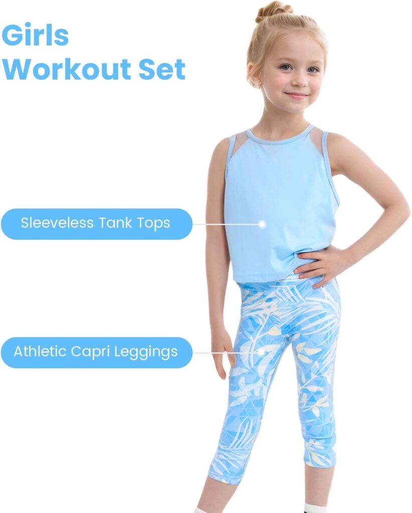 Gogokids Girls Activewear Workout Set, 2 Piece Athletic Sets Sleeveless Tank Tops and Capri Leggings Yoga Pants