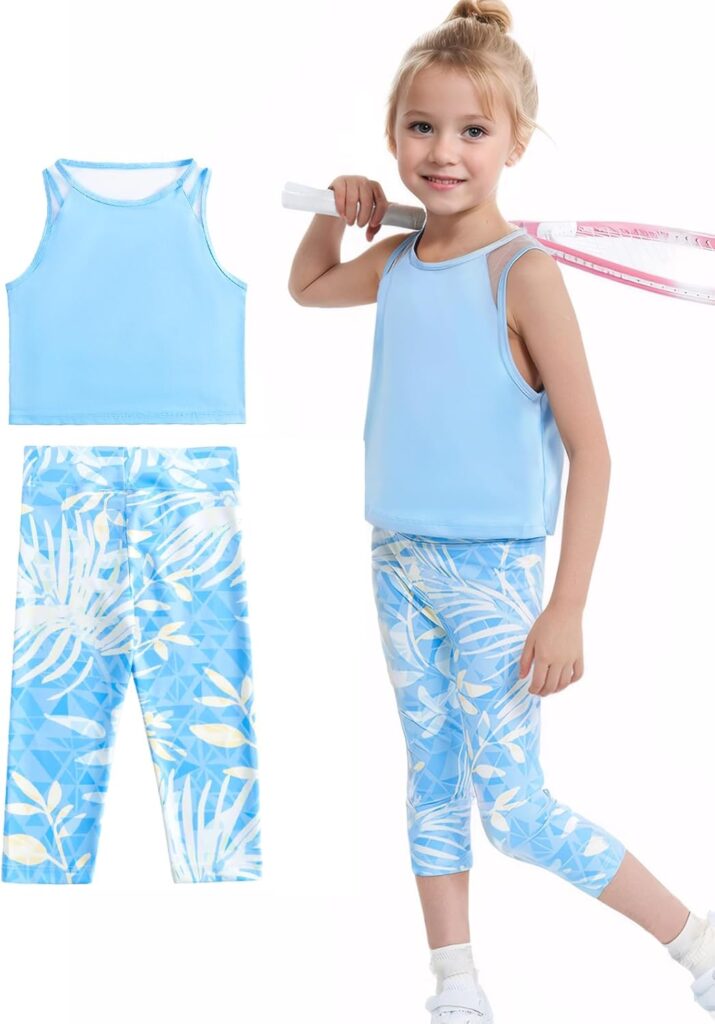 Gogokids Girls Activewear Workout Set, 2 Piece Athletic Sets Sleeveless Tank Tops and Capri Leggings Yoga Pants