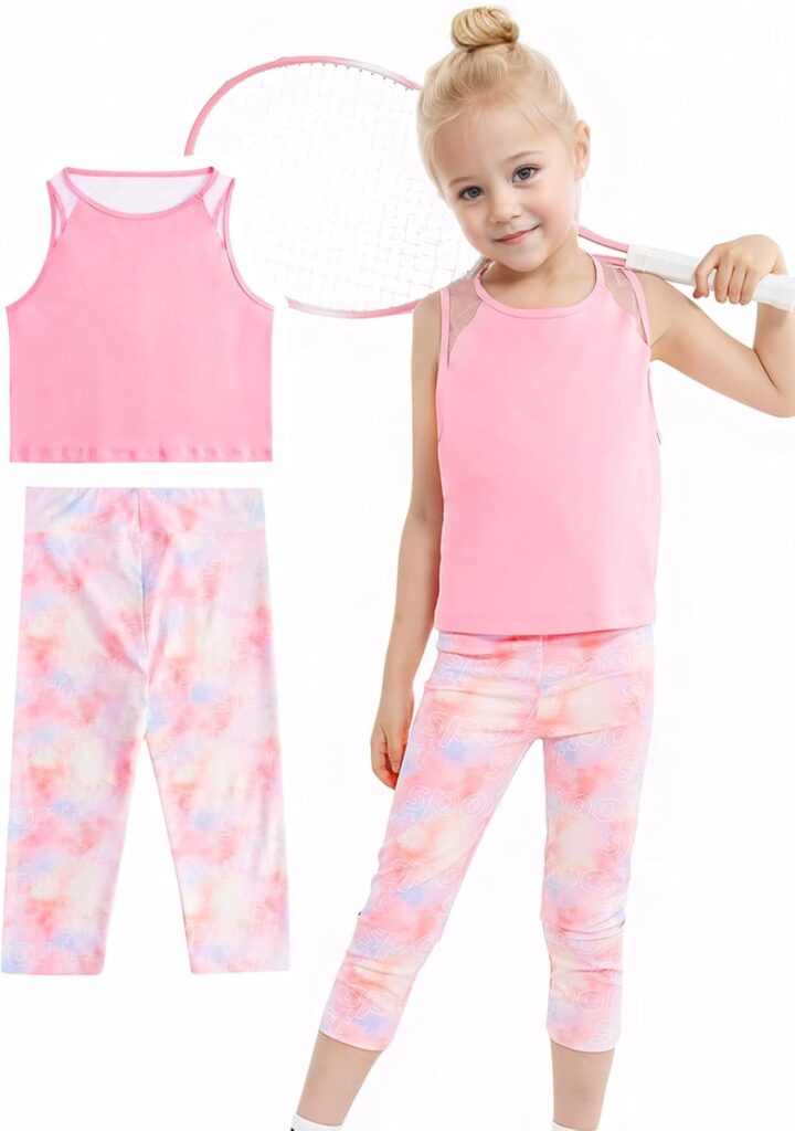 Gogokids Girls Activewear Workout Set, 2 Piece Athletic Sets Sleeveless Tank Tops and Capri Leggings Yoga Pants