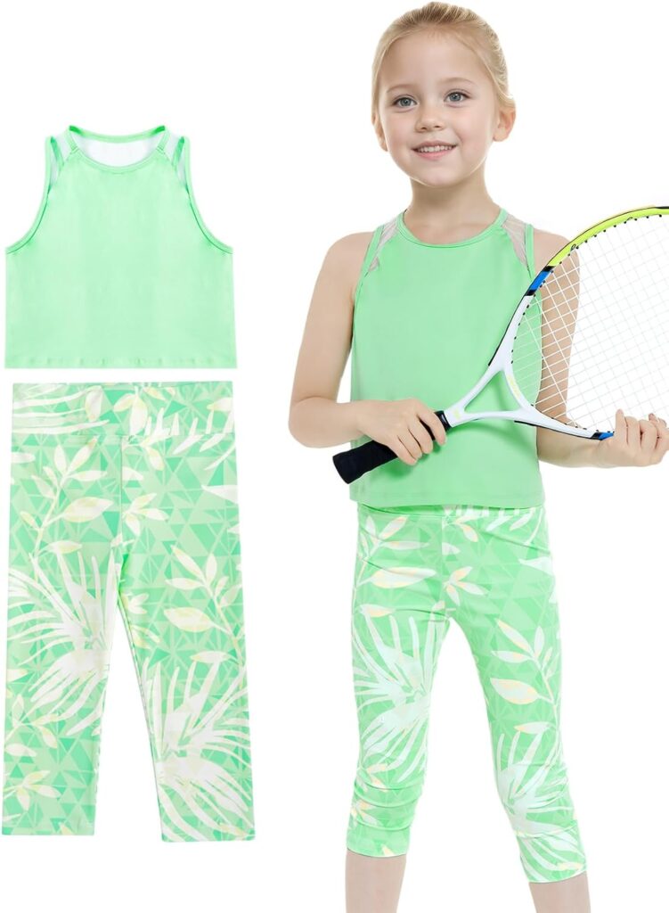 Gogokids Girls Activewear Workout Set, 2 Piece Athletic Sets Sleeveless Tank Tops and Capri Leggings Yoga Pants