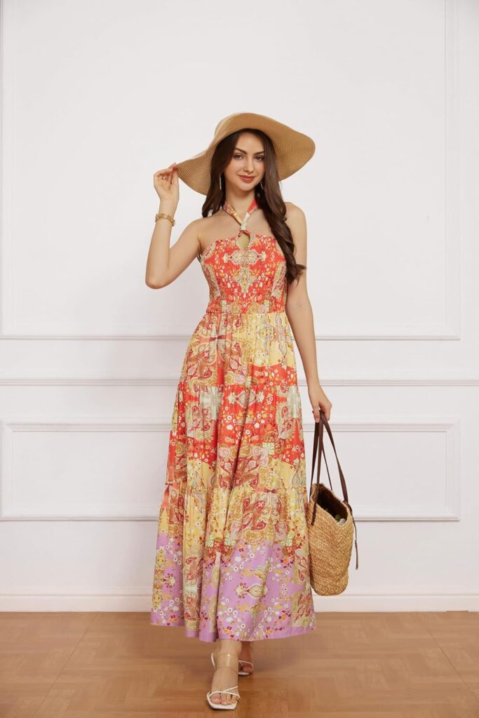 GRACE KARIN Womens Summer Dresses 2025 Halter Neck Sleeveless Smocked Backless Cut Out Floral Flowy A Line Maxi Dress