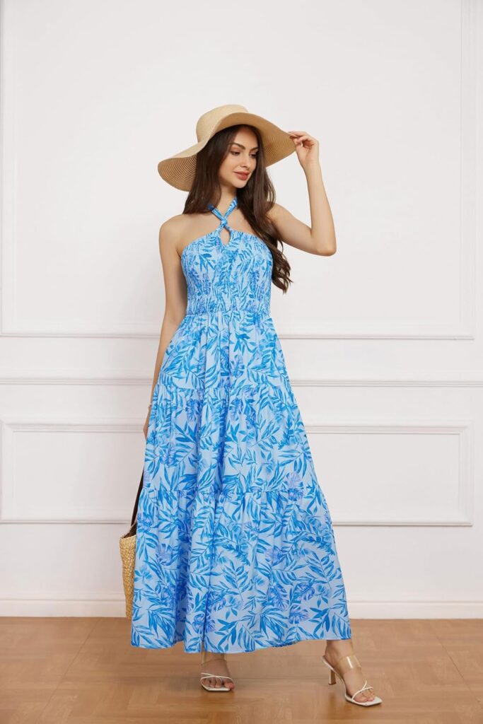 GRACE KARIN Womens Summer Dresses 2025 Halter Neck Sleeveless Smocked Backless Cut Out Floral Flowy A Line Maxi Dress