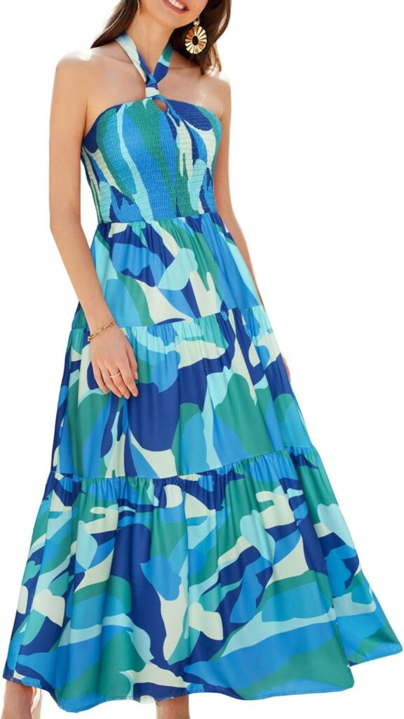 GRACE KARIN Womens Summer Dresses 2025 Halter Neck Sleeveless Smocked Backless Cut Out Floral Flowy A Line Maxi Dress