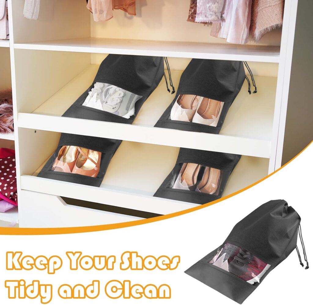 Large Black Travel Shoe Bags - 5 Pcs with Clear Window, Non-Woven Drawstring, 12.6 X 17.3 for Men Women