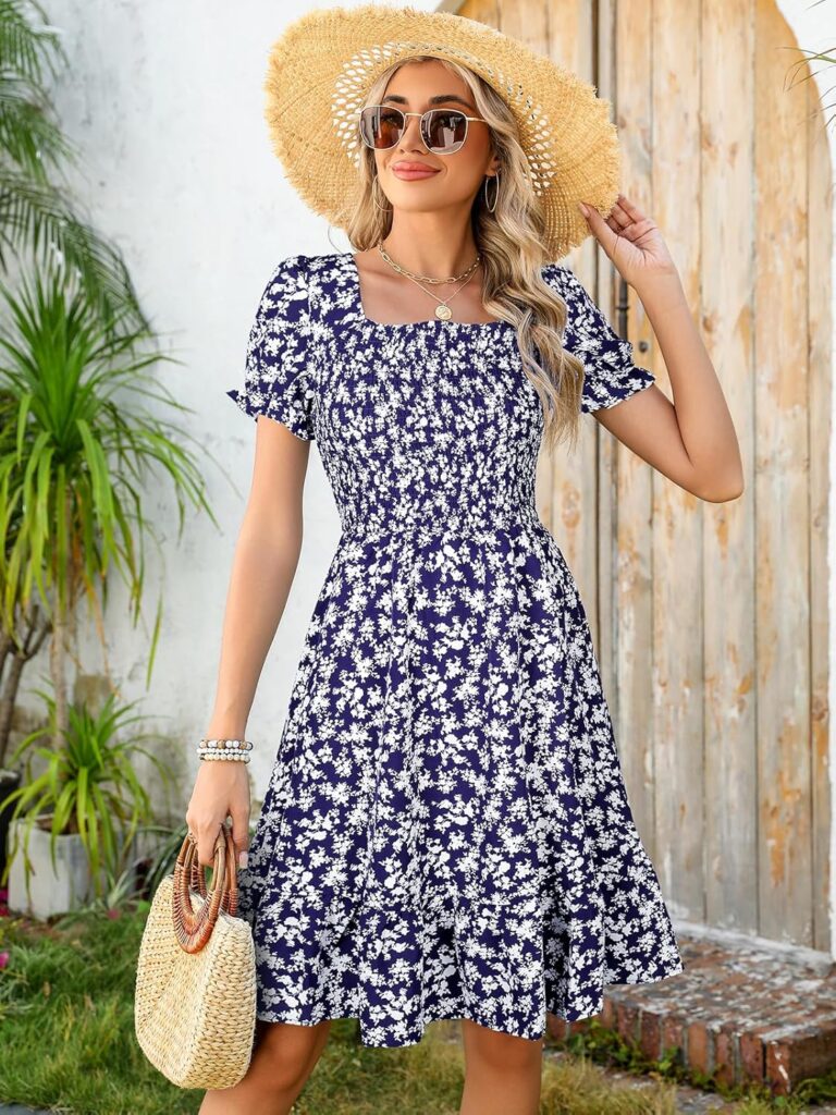 Lyrur Womens Short Sleeve Summer Dresses 2025 Spring Casual Square Neck Easter Dress A-Line Tiered Sundress with Pockets