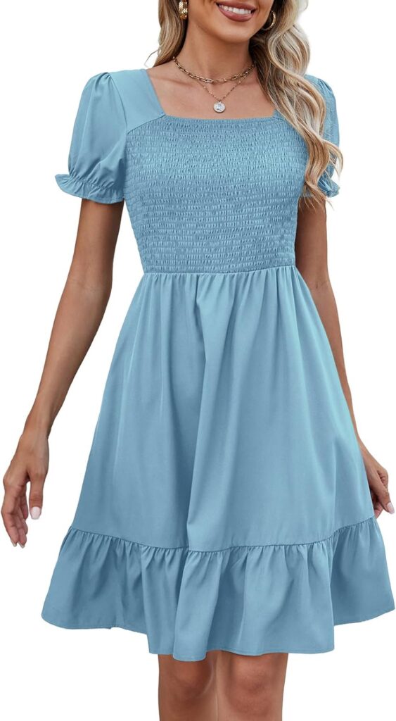 Lyrur Womens Short Sleeve Summer Dresses 2025 Spring Casual Square Neck Easter Dress A-Line Tiered Sundress with Pockets