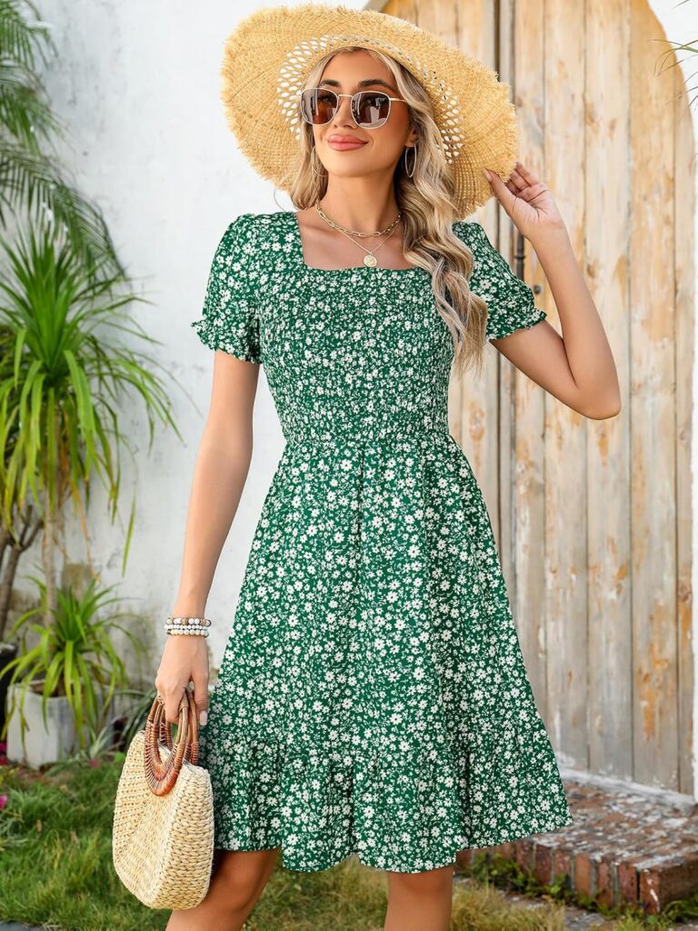 Lyrur Womens Short Sleeve Summer Dresses 2025 Spring Casual Square Neck Easter Dress A-Line Tiered Sundress with Pockets