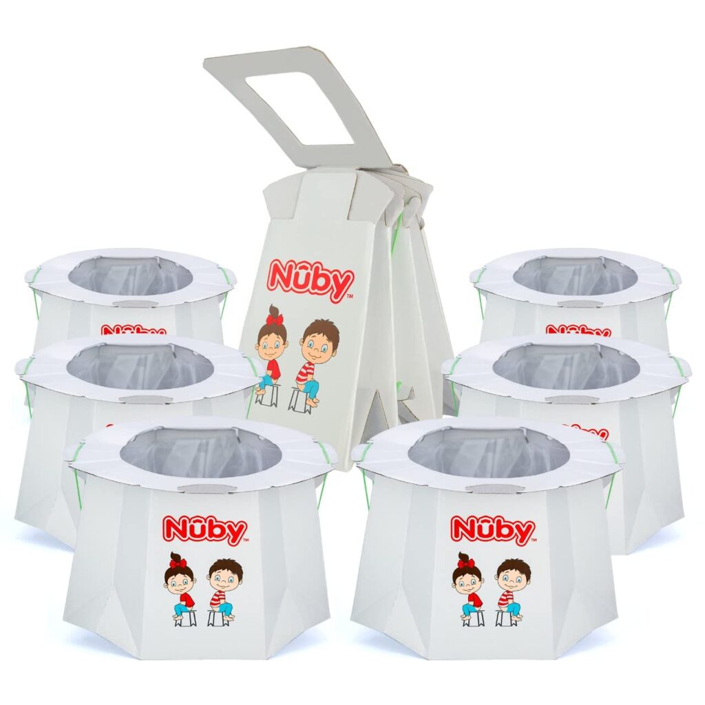 Nuby Disposable Travel Potty with Liner - Foldable and Portable Potty; Toddler Potty Essential for Camp, Trips,  Car Rides - Travel Potty for Toddler, 6 Pack