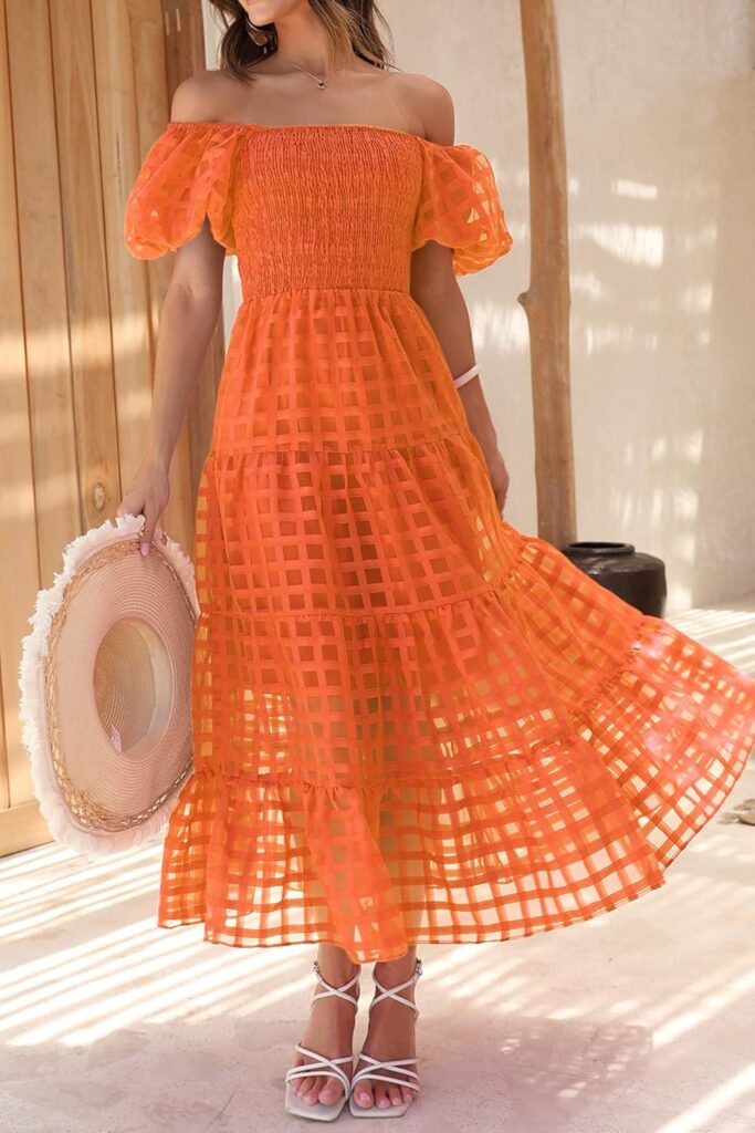 PRETTYGARDEN Womens Casual Summer Dress Puffy Short Sleeve Square Neck Smocked Tiered A Line Maxi Long Dresses