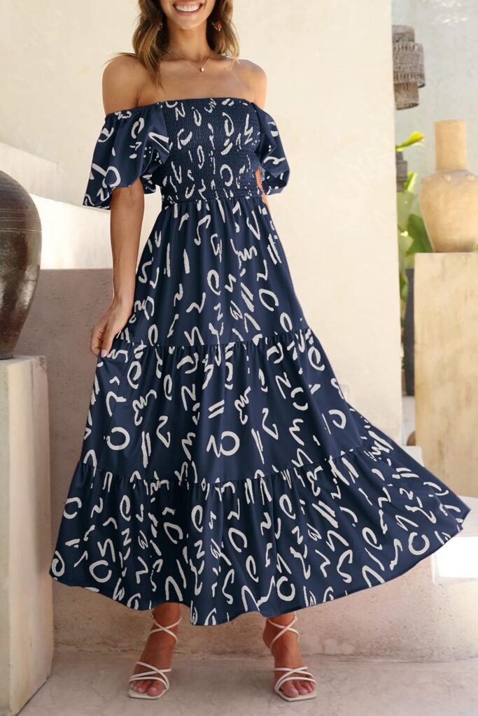 PRETTYGARDEN Womens Casual Summer Dress Puffy Short Sleeve Square Neck Smocked Tiered A Line Maxi Long Dresses