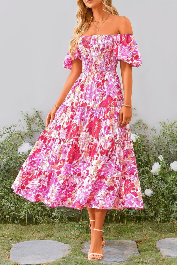 PRETTYGARDEN Womens Casual Summer Midi Dress Puffy Short Sleeve Square Neck Smocked Tiered Ruffle Dresses