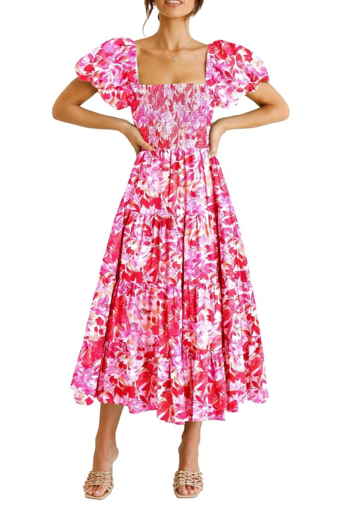 PRETTYGARDEN Womens Casual Summer Midi Dress Puffy Short Sleeve Square Neck Smocked Tiered Ruffle Dresses