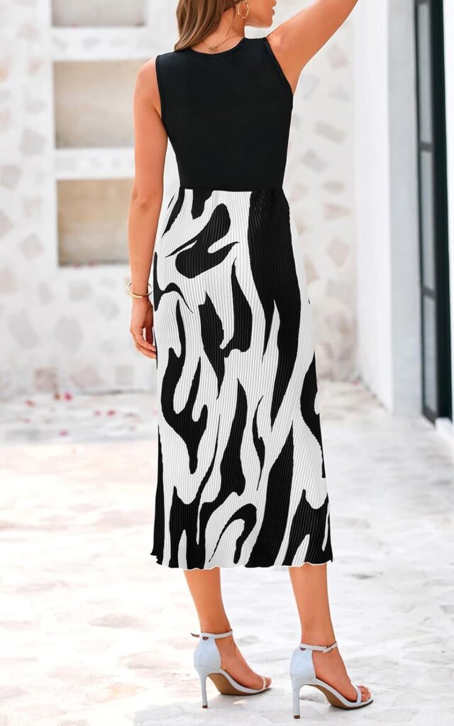 PRETTYGARDEN Womens Spring 2025 Graphic Print A Line Pleated Work Midi Dresses for Women Casual Plisse Long Dress