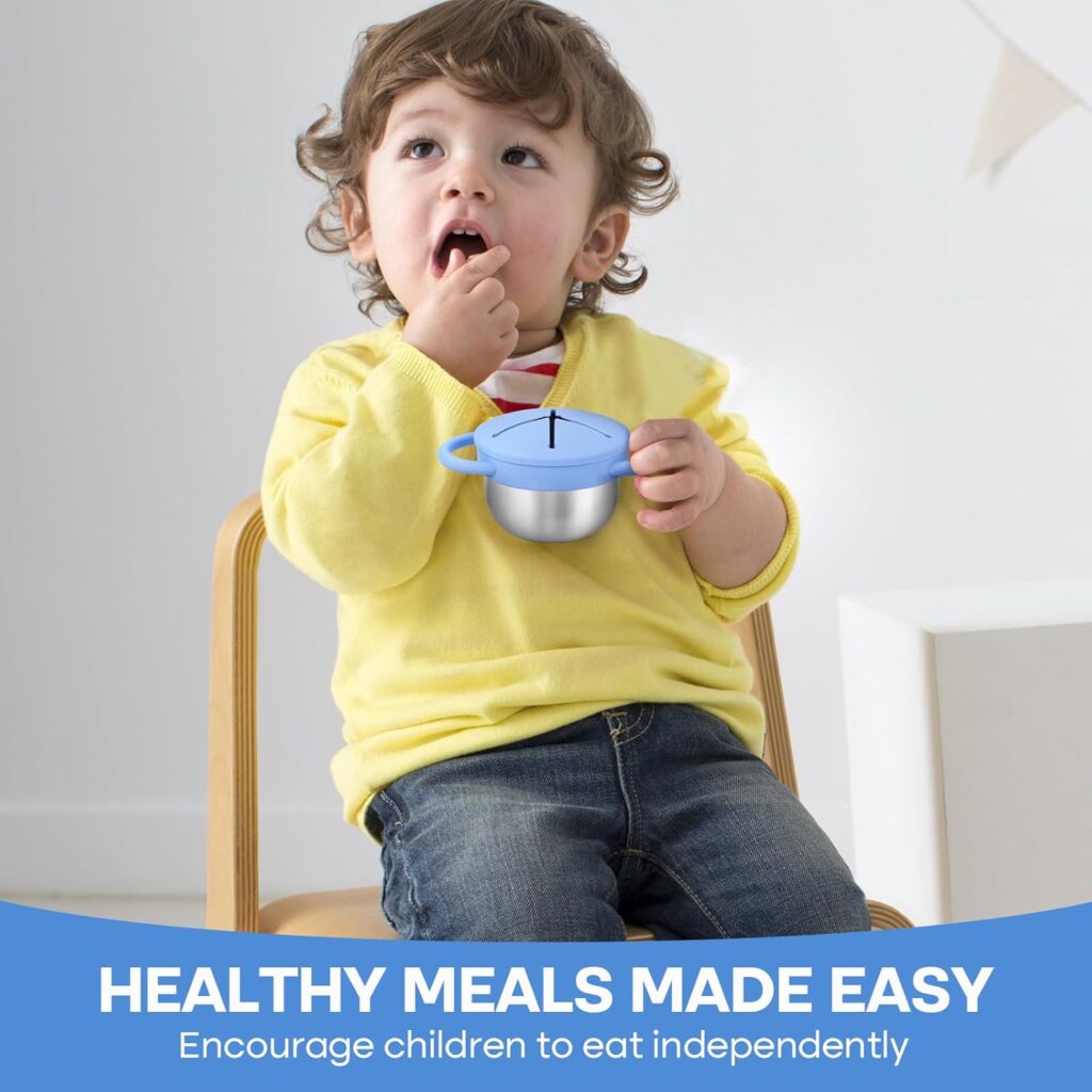Stainless Steel Snack Cups for Toddlers Spill-Proof (2-Pack) Baby Food Containers with Removable Silicone Lids  Handles | Dishwasher Safe, On-the-Go Kids Snack Box (Blue/Purple, 2 Count (Pack of 2))