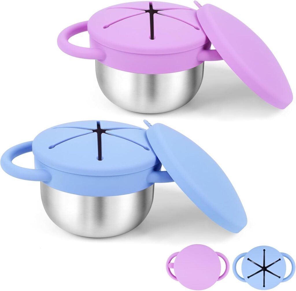 Stainless Steel Snack Cups for Toddlers Spill-Proof (2-Pack) Baby Food Containers with Removable Silicone Lids  Handles | Dishwasher Safe, On-the-Go Kids Snack Box (Blue/Purple, 2 Count (Pack of 2))