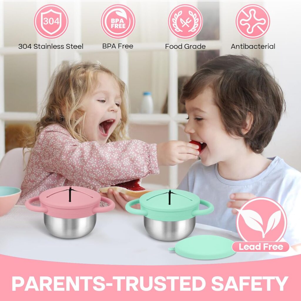 Stainless Steel Snack Cups for Toddlers Spill-Proof (2-Pack) Baby Food Containers with Removable Silicone Lids  Handles | Dishwasher Safe, On-the-Go Kids Snack Box (Blue/Purple, 2 Count (Pack of 2))