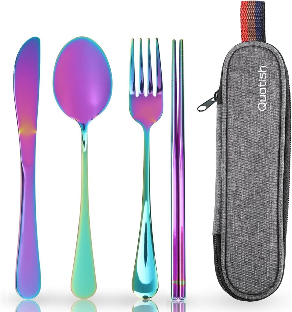 Travel Utensils with Case, Quatish Portable Silverware Set for Work, Stainless Steel Reusable Travel Cutlery Set, Fork and Spoon Set for Camping, Picnic, Gadgets, Lunch Box for Men, Black