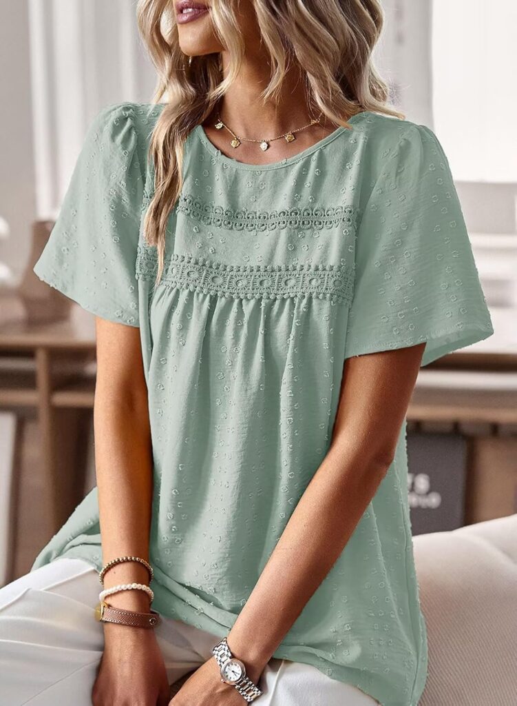 Womens Summer Tops Crewneck Short Sleeve Shirts Casual Chiffon Blouses Flowy Lace Hem Boho Clothing Trendy 2025