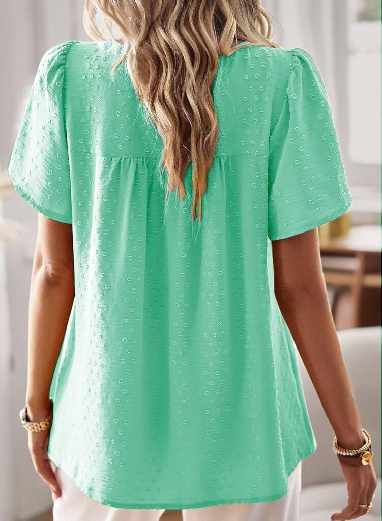 Womens Summer Tops Crewneck Short Sleeve Shirts Casual Chiffon Blouses Flowy Lace Hem Boho Clothing Trendy 2025