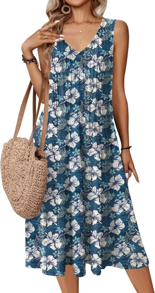 Zeagoo Women Summer Casual Dress 2025 Sleeveless Midi Swing Tank Sundress with Pockets V Neck A Line Pleated Tshirt Dress