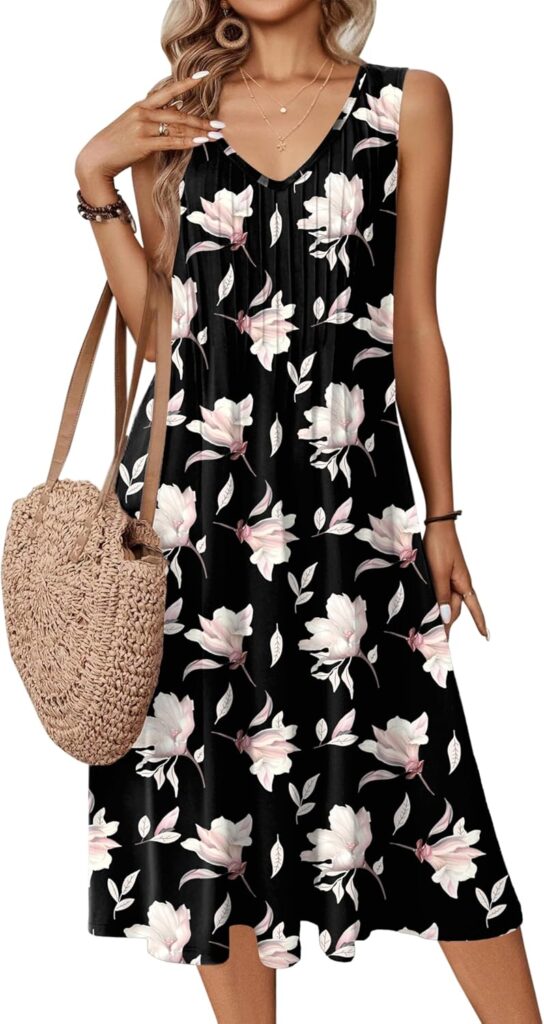 Zeagoo Women Summer Casual Dress 2025 Sleeveless Midi Swing Tank Sundress with Pockets V Neck A Line Pleated Tshirt Dress